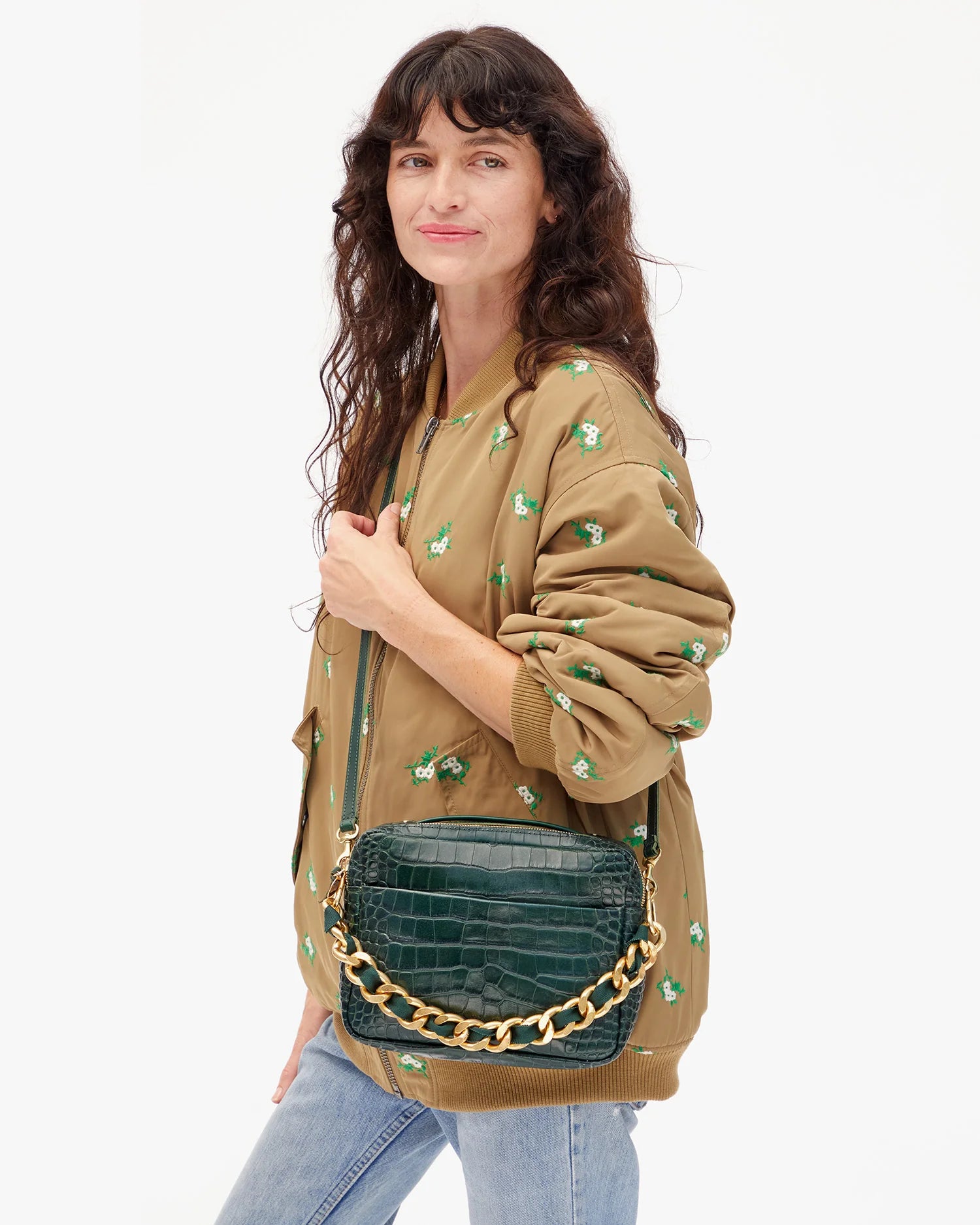 Shortie Strap Grosgrain Curb Chain - Evergreen