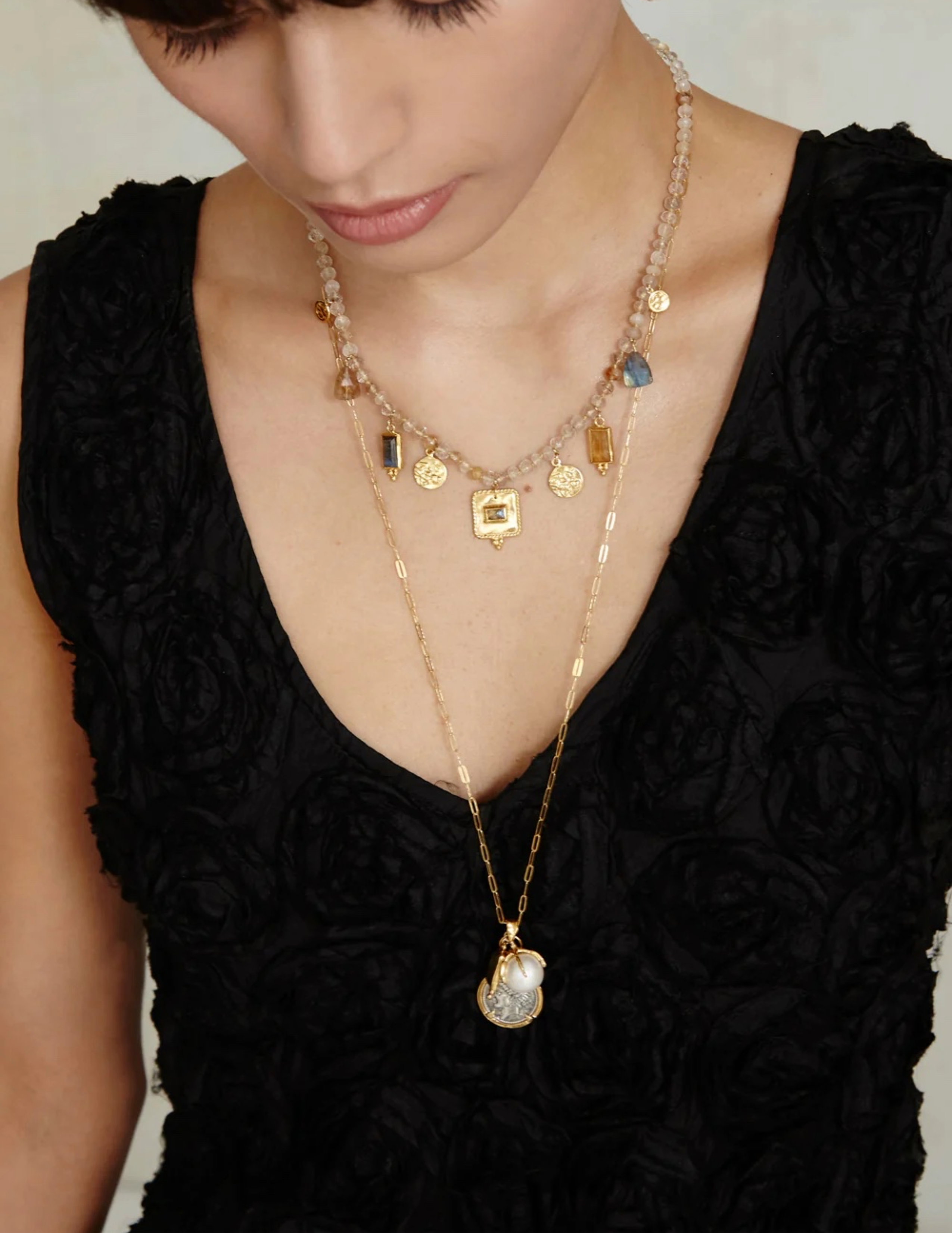 Dorothea Charm and White Pearl Mix Necklace