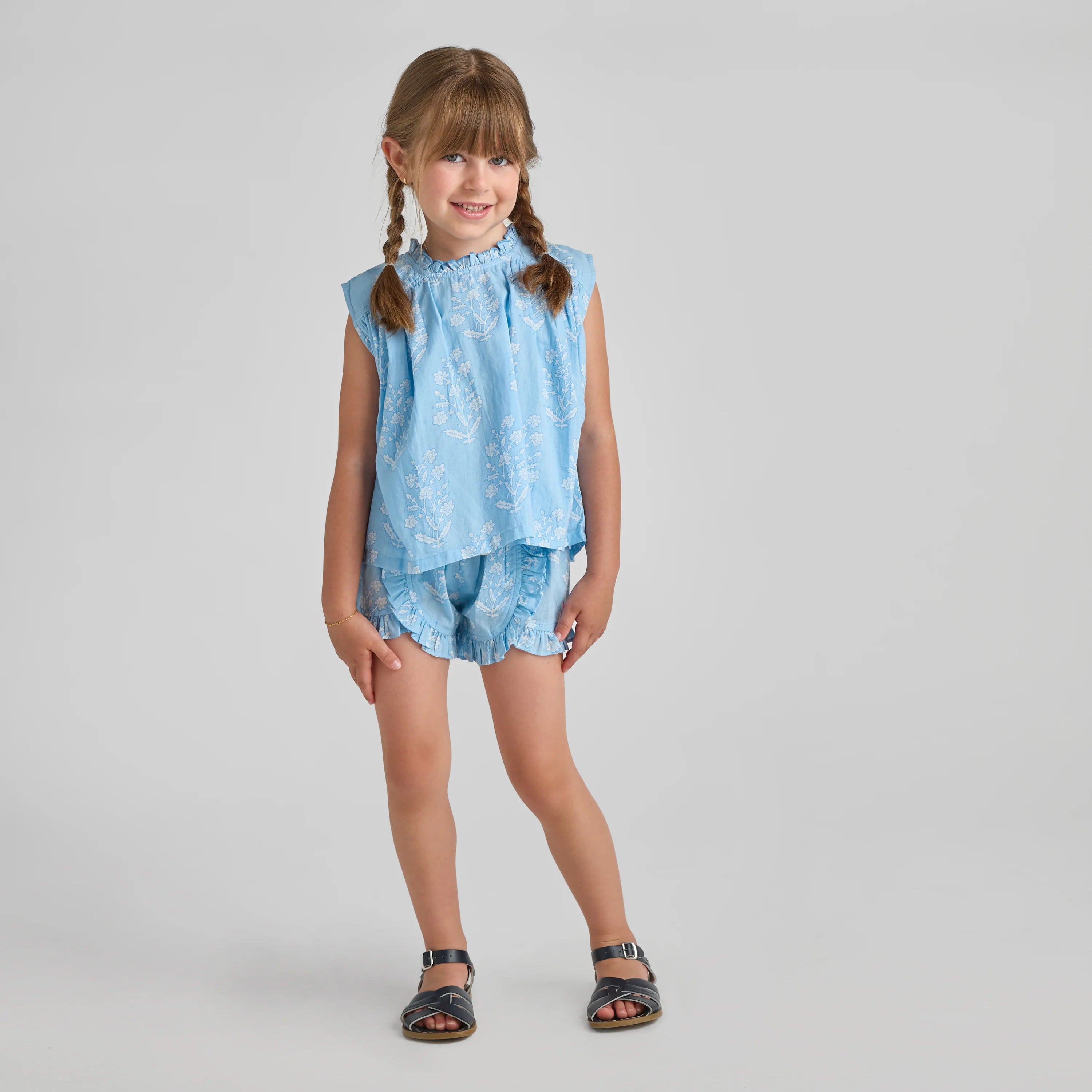 Girls Millie Ruffle Short - Blue Dewdrop Block Print