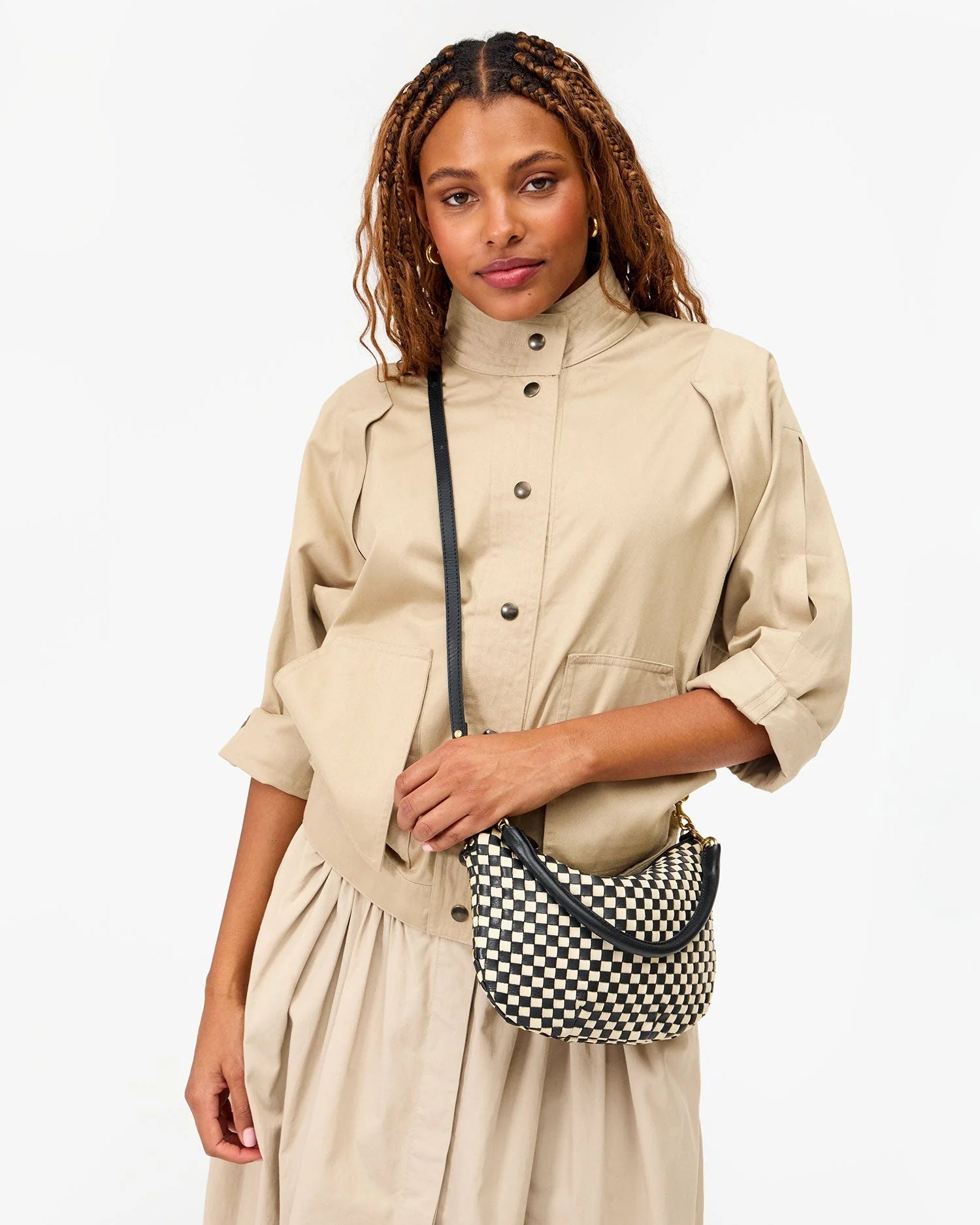 Petite Moyen Messenger - Black/Cream Woven Checker