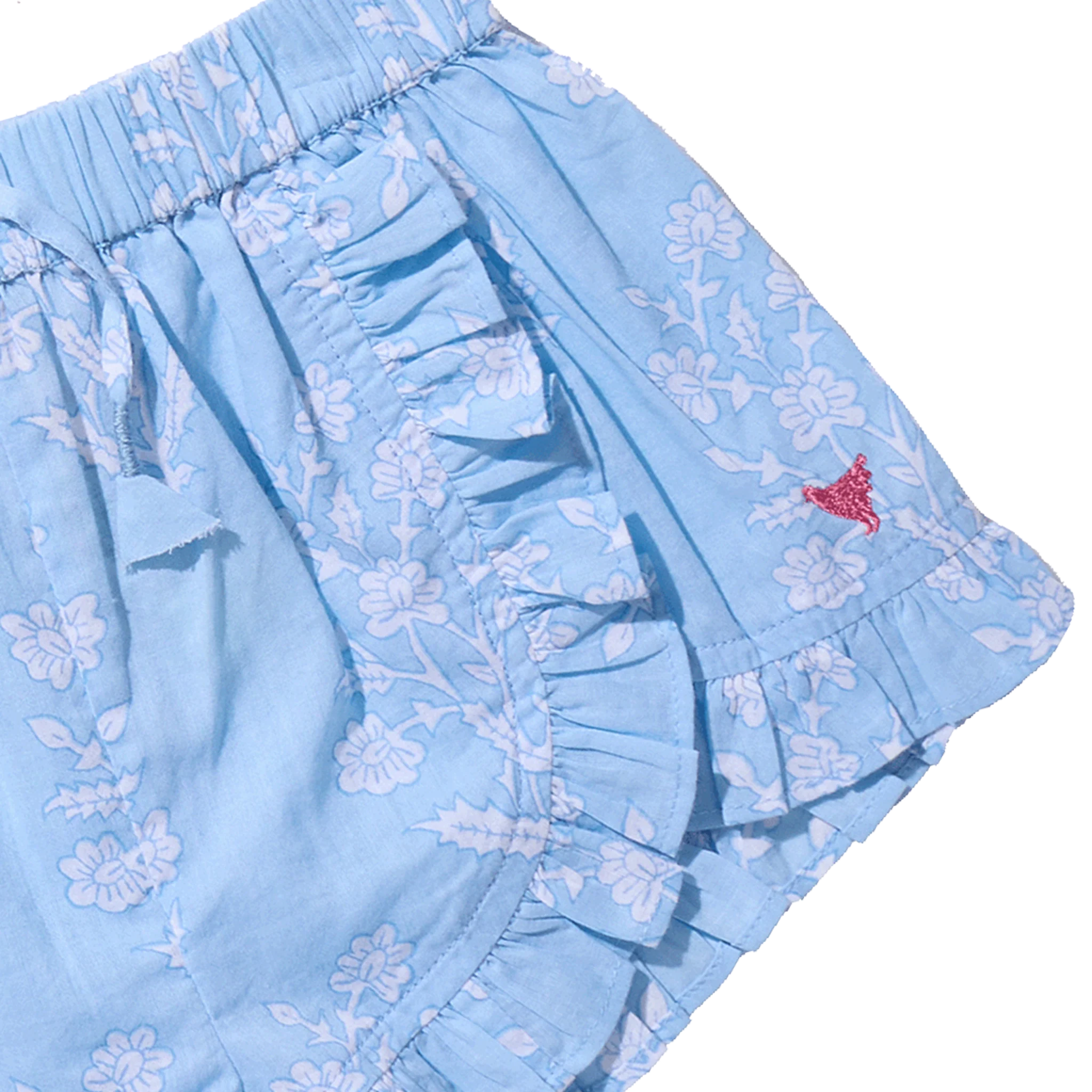 Girls Millie Ruffle Short - Blue Dewdrop Block Print