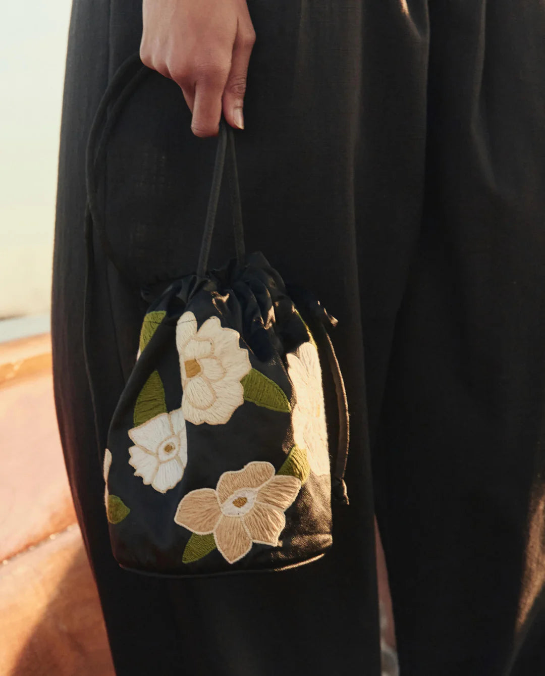 The Embroidered Cinched Bucket Bag - Black