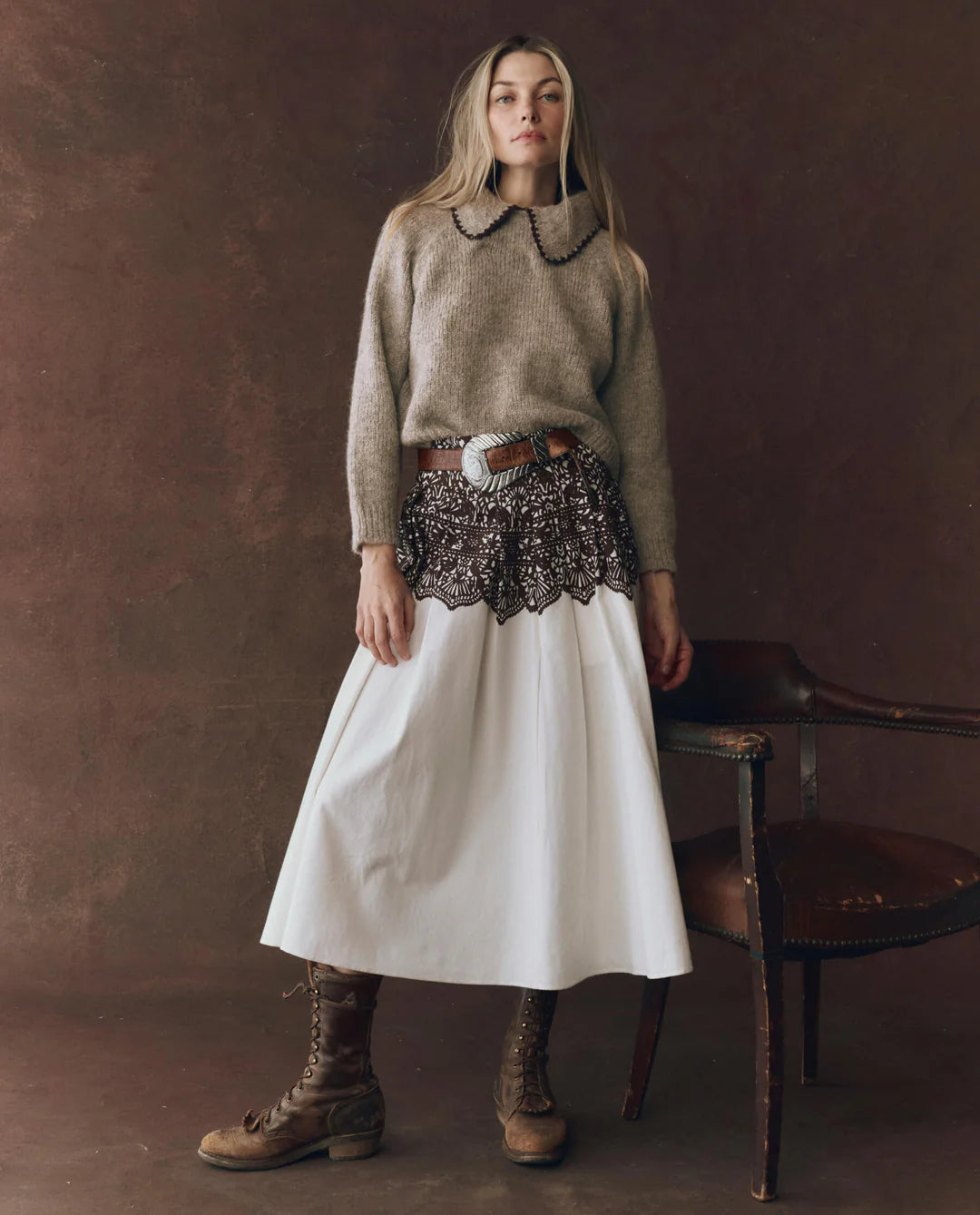 The Crochet Collar Pullover - Oat with Brown