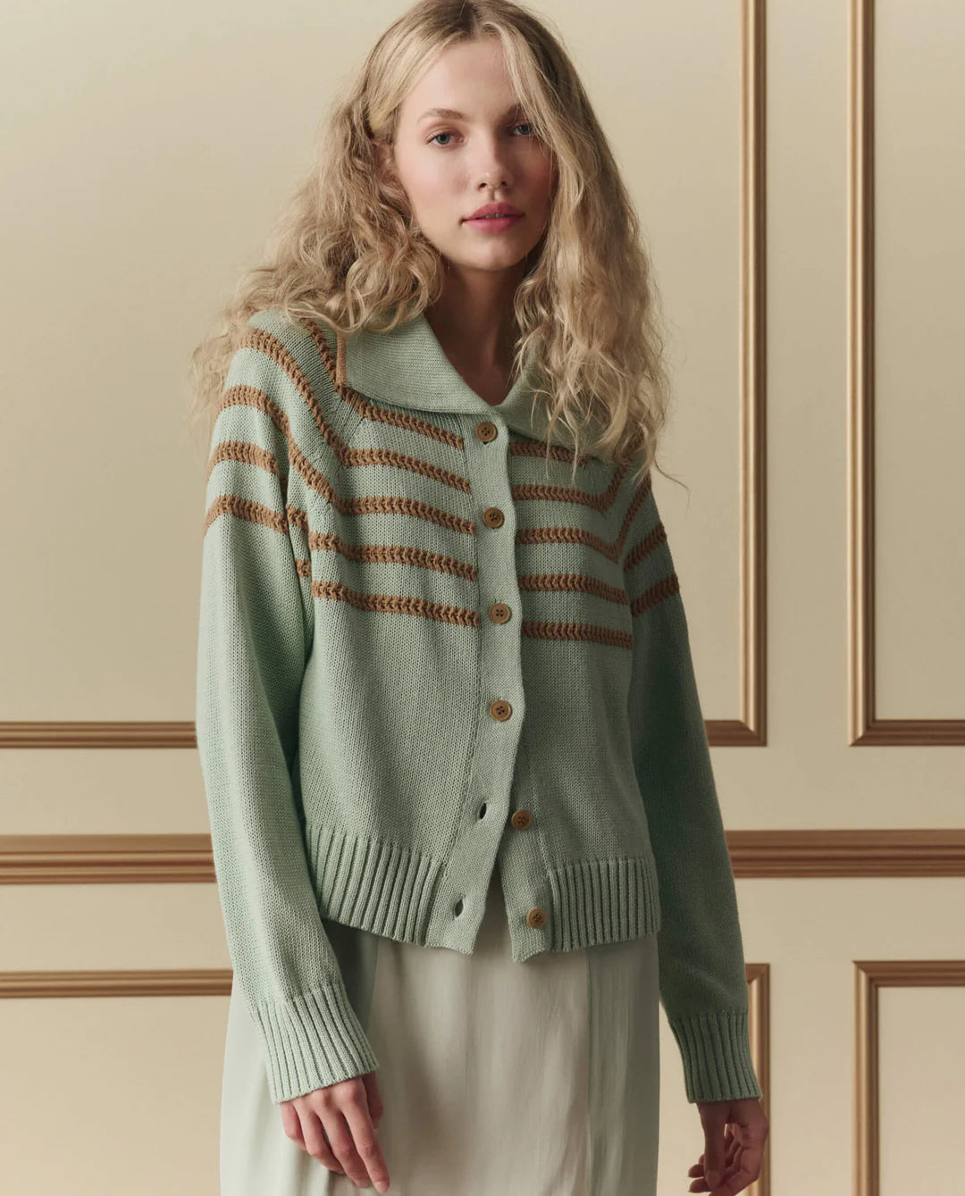 The Scholar Cardigan w/Crochet Stripes - Seafoam