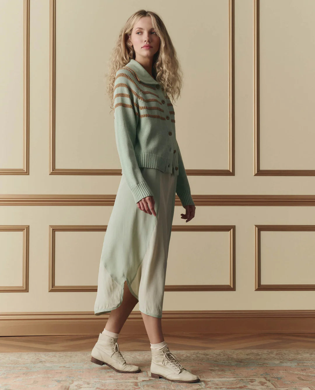 The Scholar Cardigan w/Crochet Stripes - Seafoam