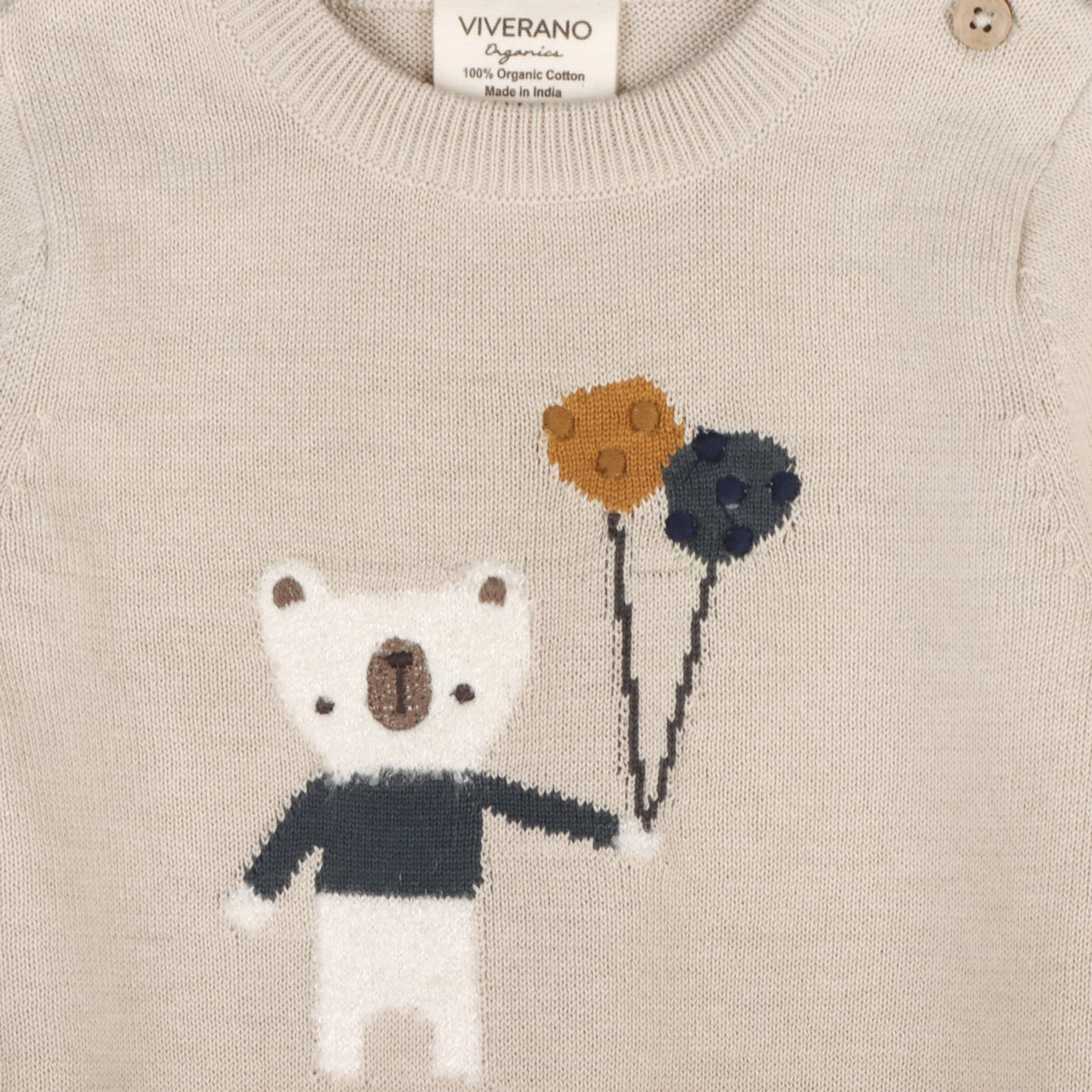 Balloon Bear Jacquard Baby Sweater Knit Jumpsuit - Stone