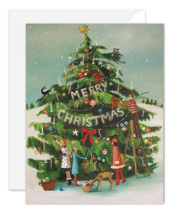JANET HILL STUDIO - The Peppermint Family Trim The Tree. Blank Card