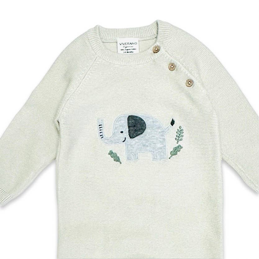 Elephant Jacquard Baby Sweater Knit Jumpsuit - Stone