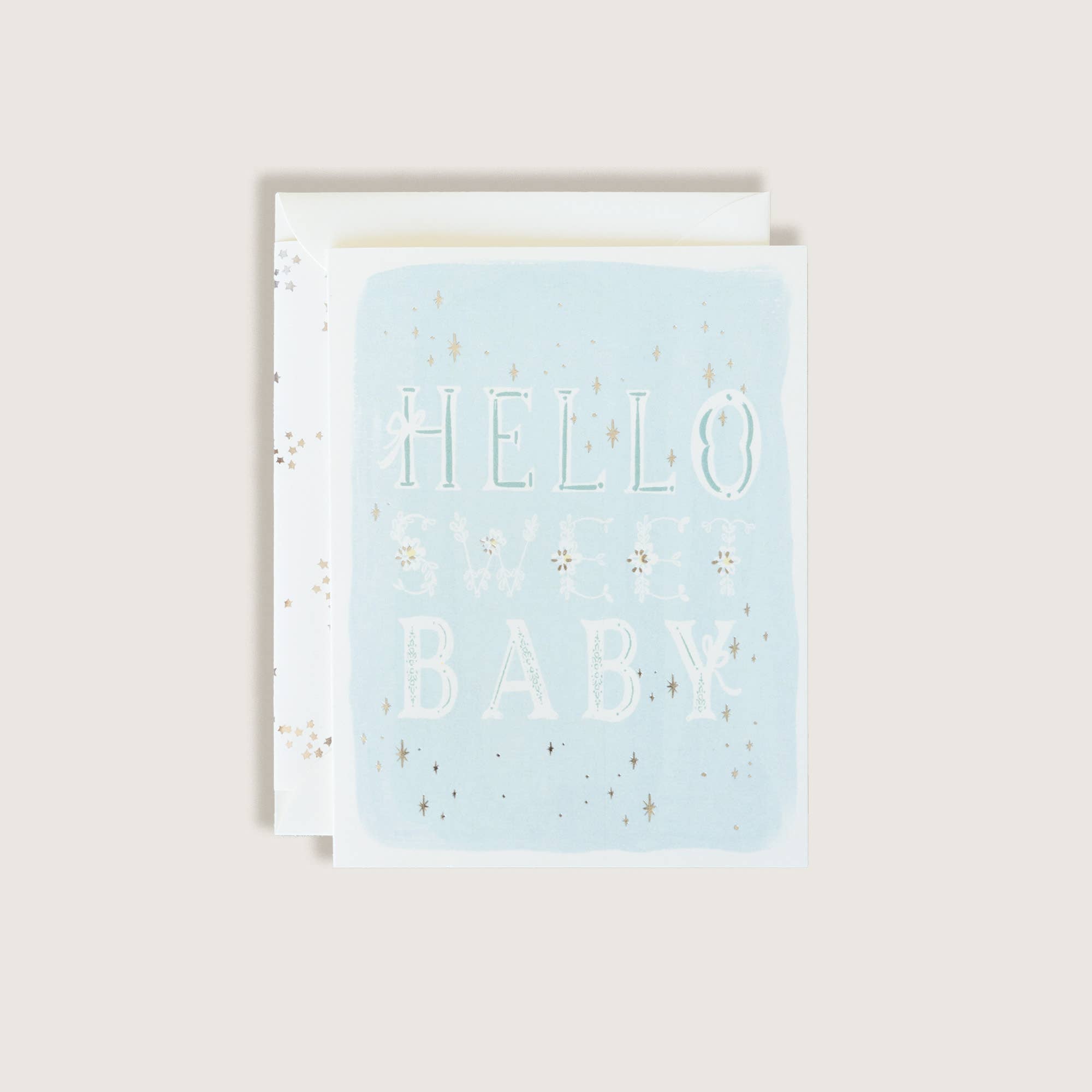 The First Snow - Hello Sweet Baby Blue w Silver Letters Baby Greeting Card