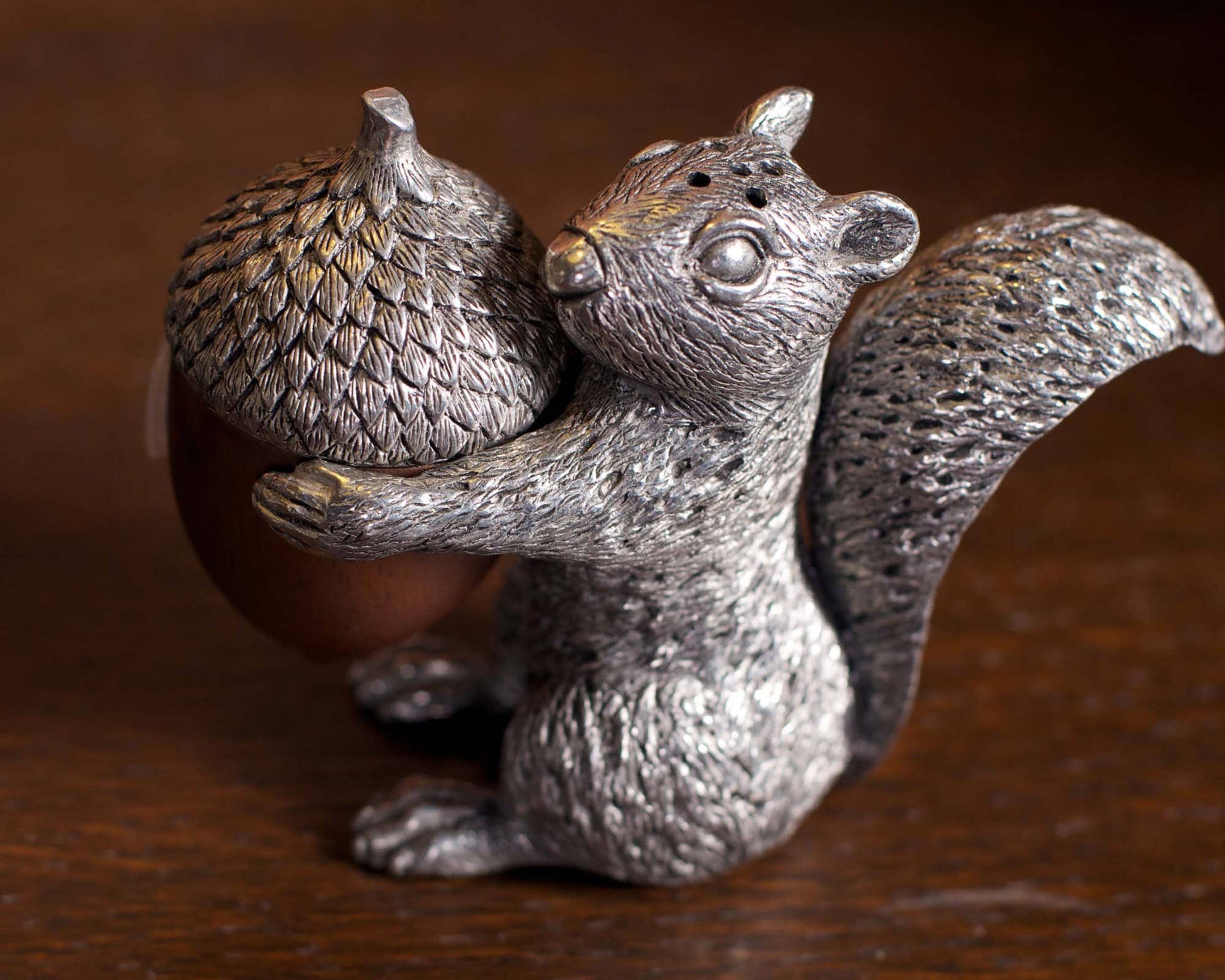Pewter Salt & Pepper Set - Squirrel with Wood Acorn