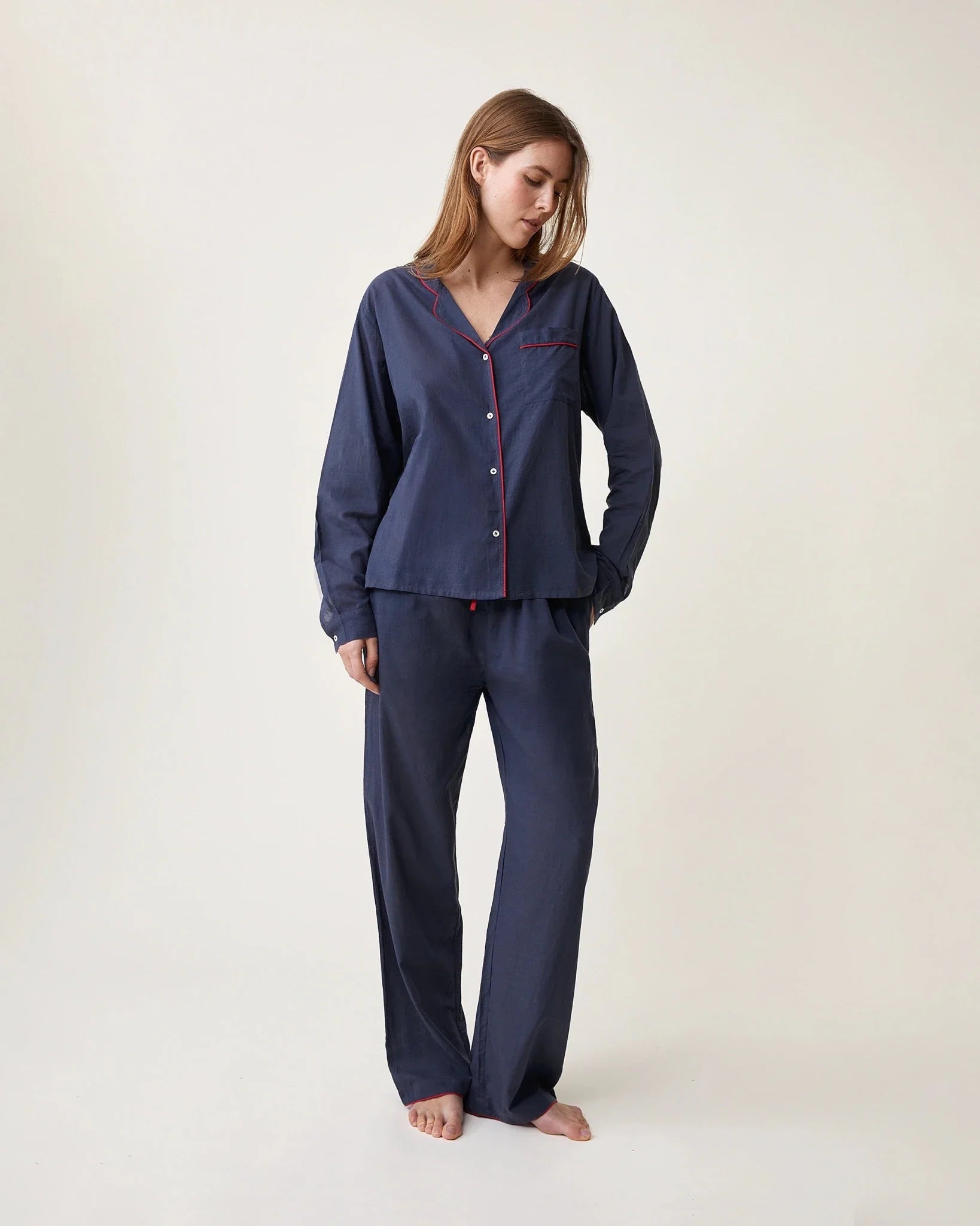 Thelma pyjama set indigo with red piping