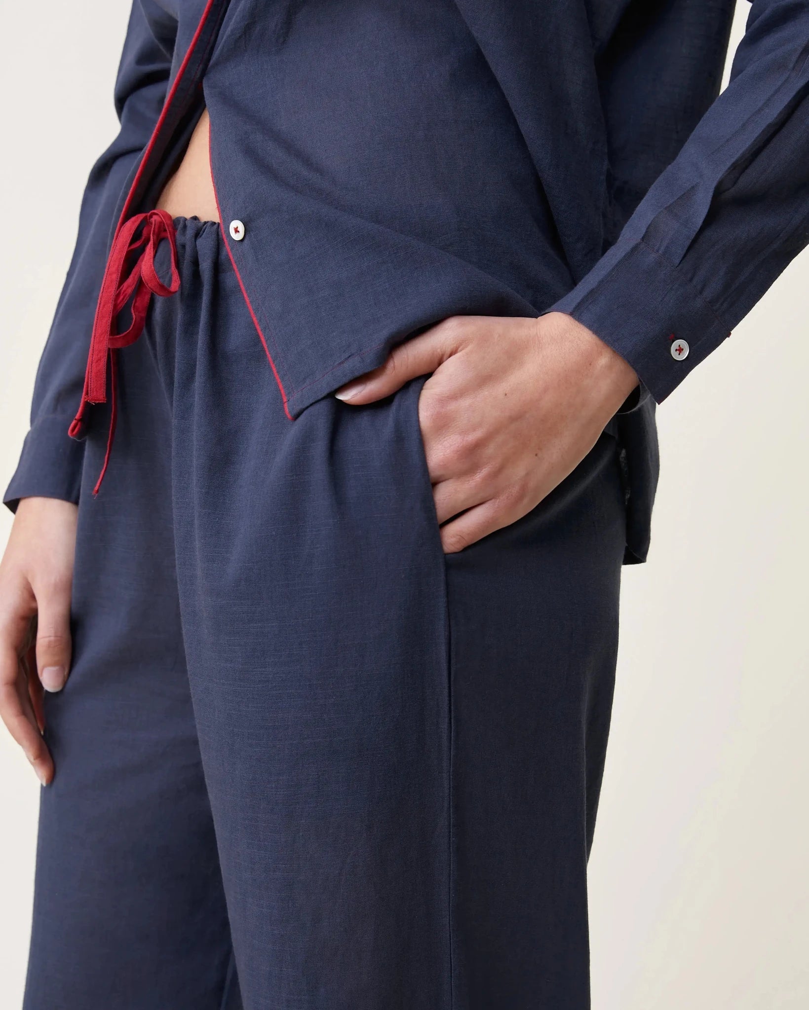 Thelma pyjama set indigo with red piping