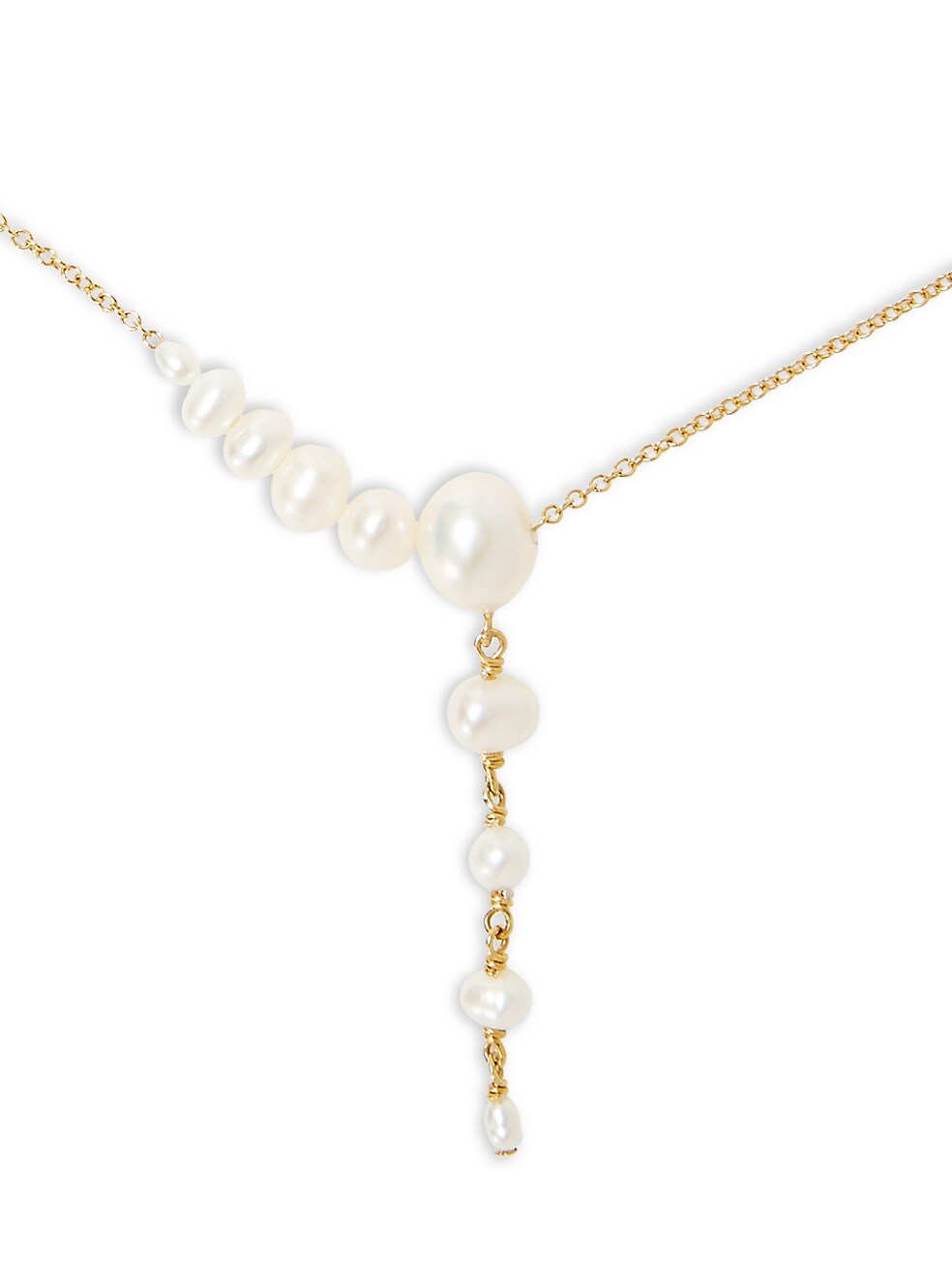 Graduated White Pearl Gold Lariat Necklace