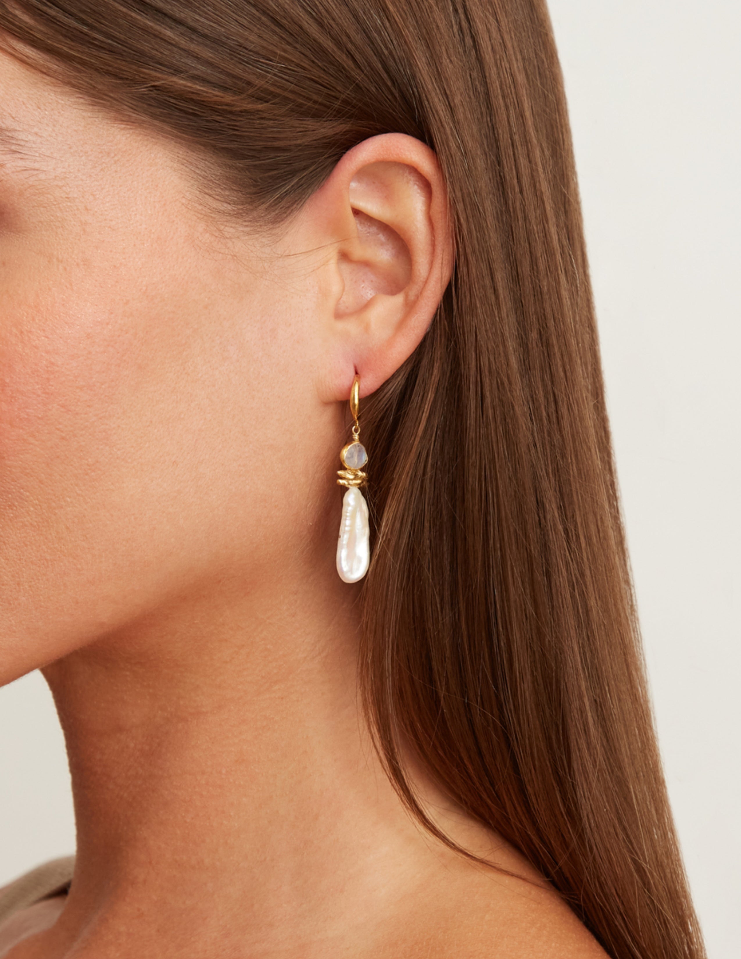 Biwa Pearl and Moonstone Earrings