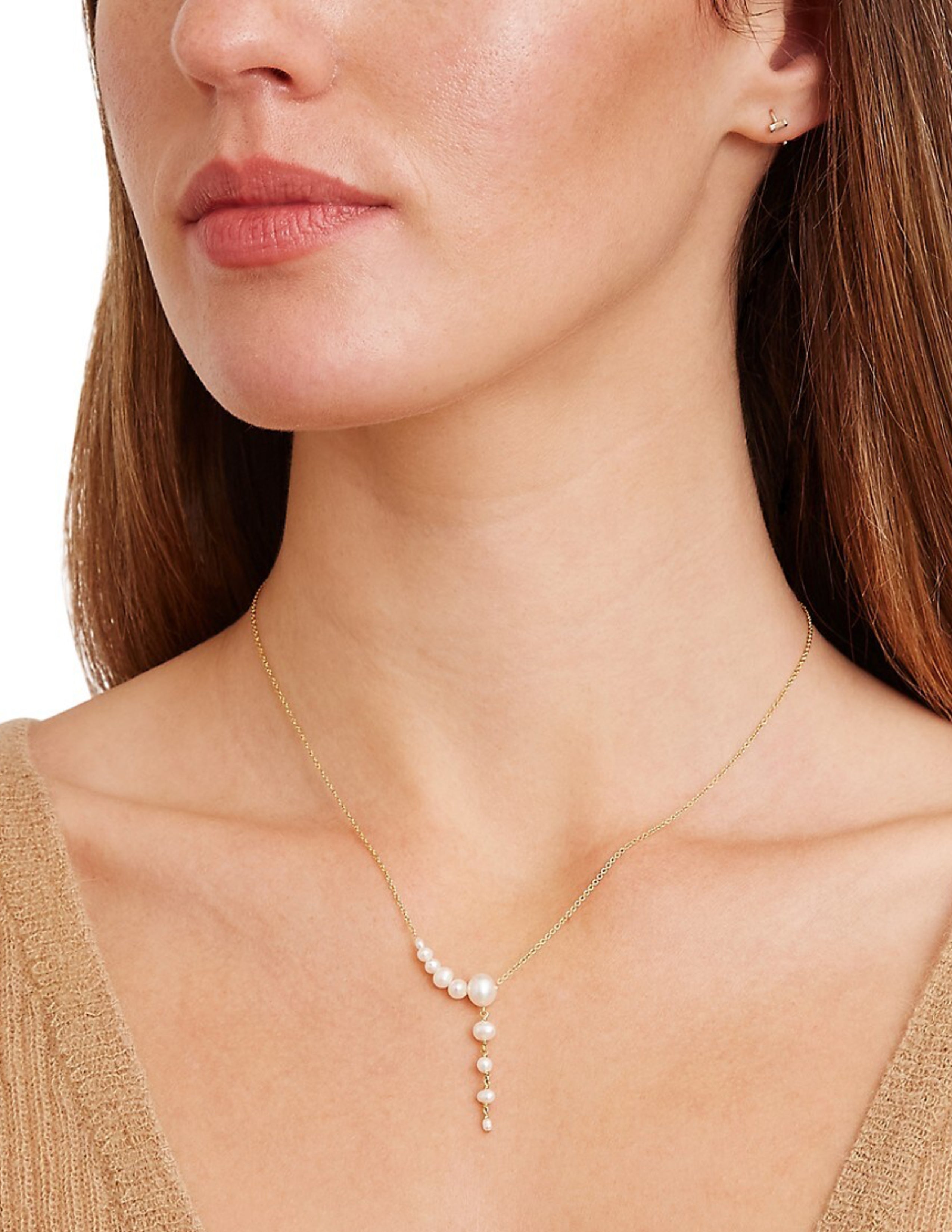 Graduated White Pearl Gold Lariat Necklace
