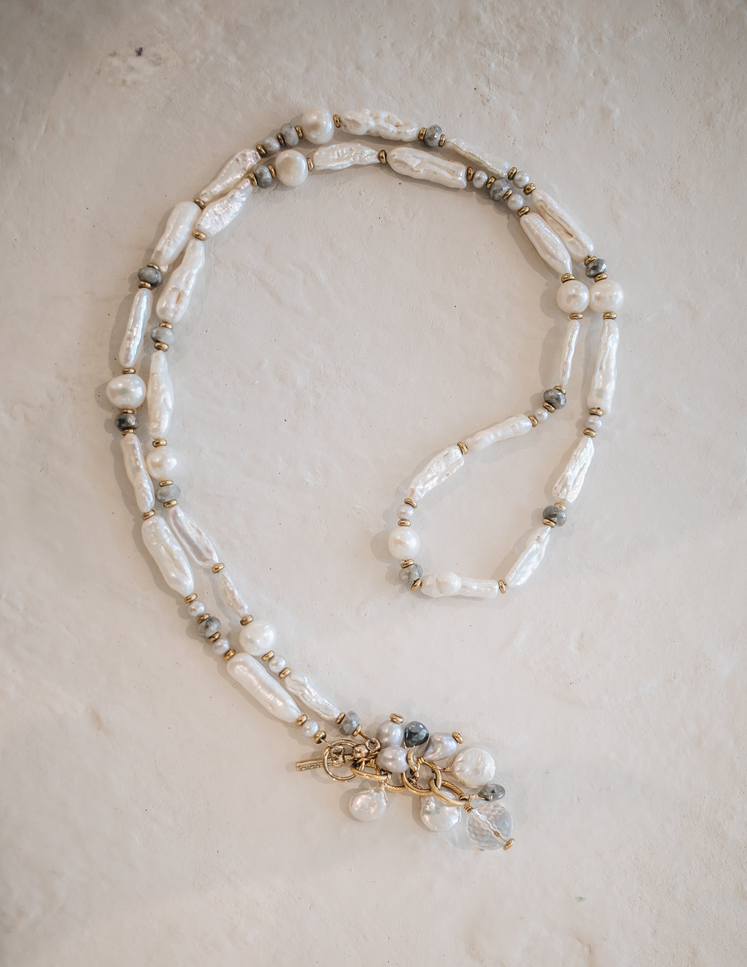 White Biwa Pearl & Silverite Necklace With Pearl Cluster Drop