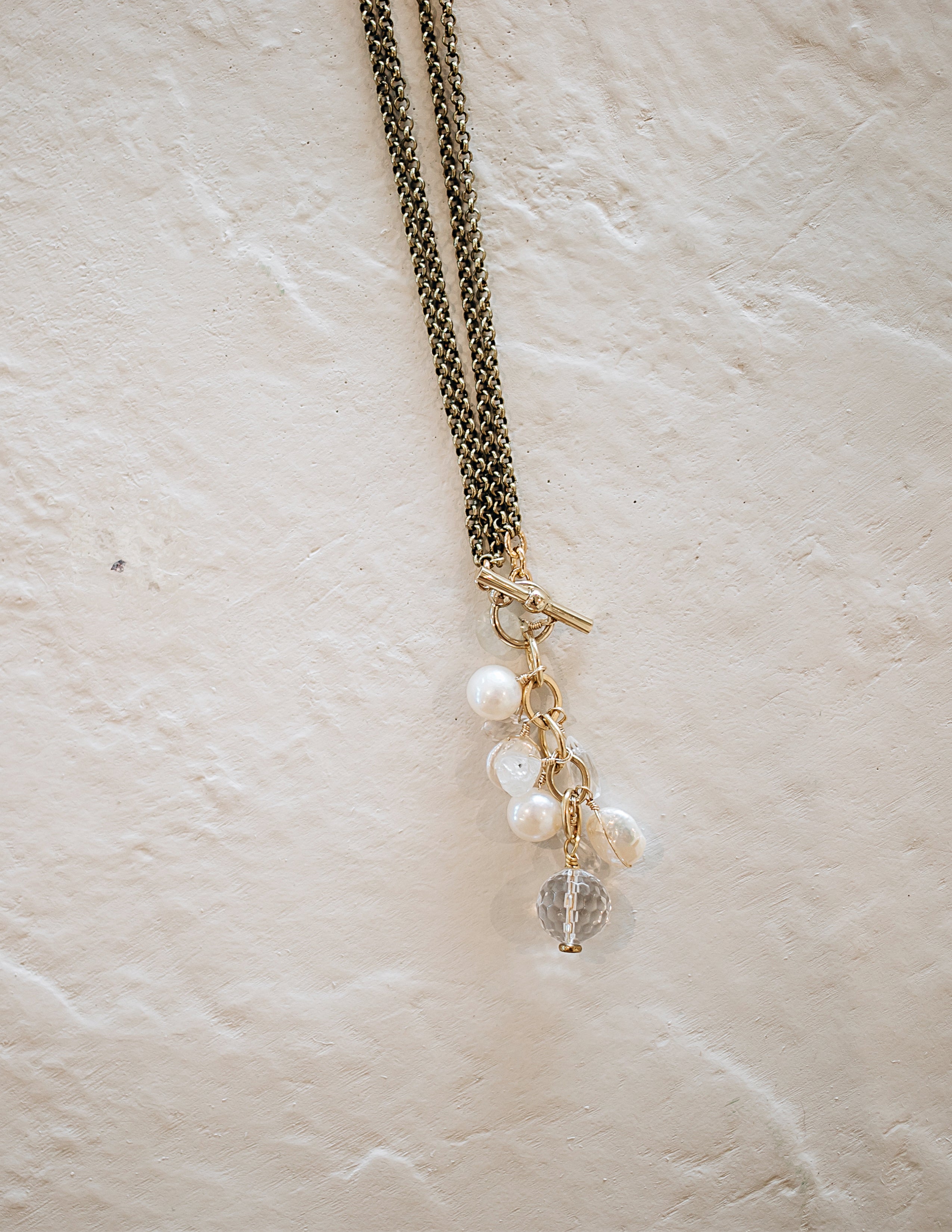 White Pearl Cluster Necklace On Bronze Links