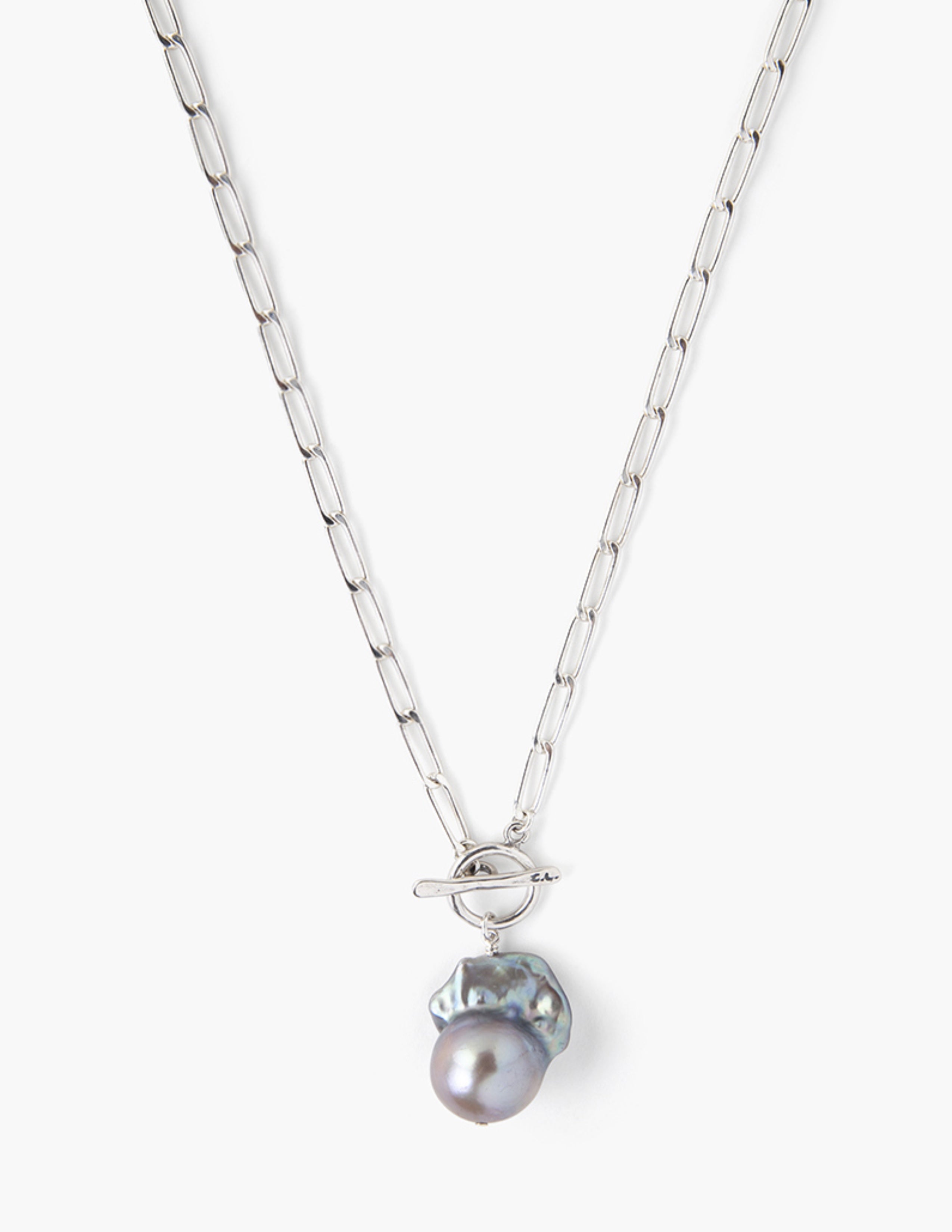 Grey Baroque Pearl Silver Toggle Necklace